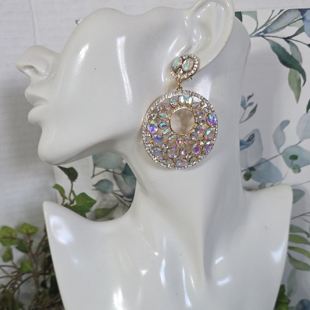 Silver AB Crystal Iridescent Rhinestone Double Circle Drop Clip On Earrings - Picture 10 of 11